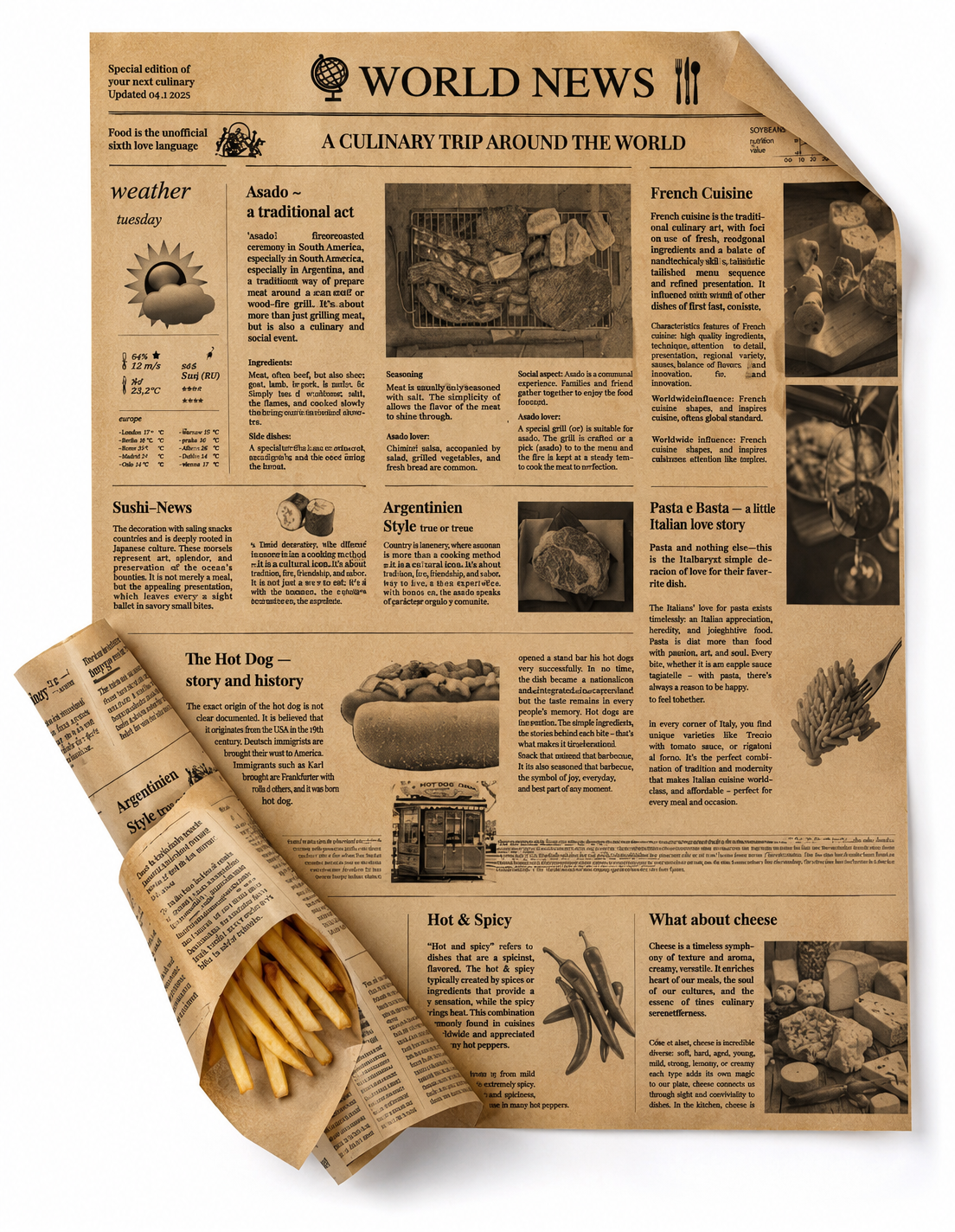 Snackpapier braun 31x40 cm, 32gr. enggerippt + 6gr. PE-Beschichtung mit World News Druck